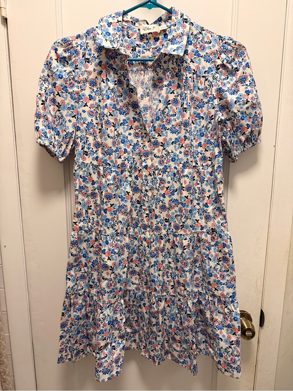 Eliza J White Floral Dress Top with Blue and Coral Accents